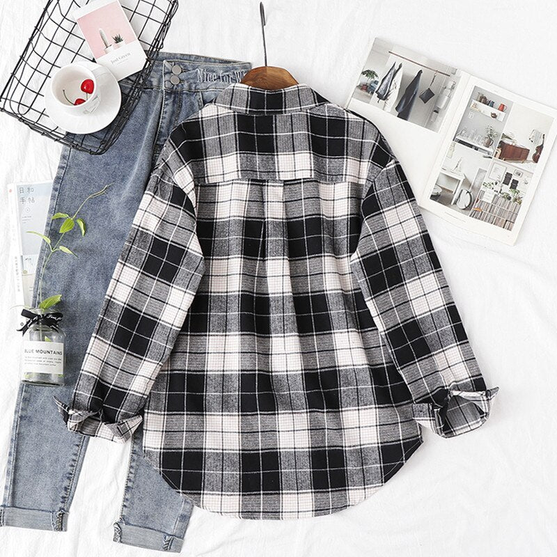 2020 Women's Plaid Shirt Chic Checked Blouse Long Sleeve Female Casual Print Shirts Loose Cotton Tops
