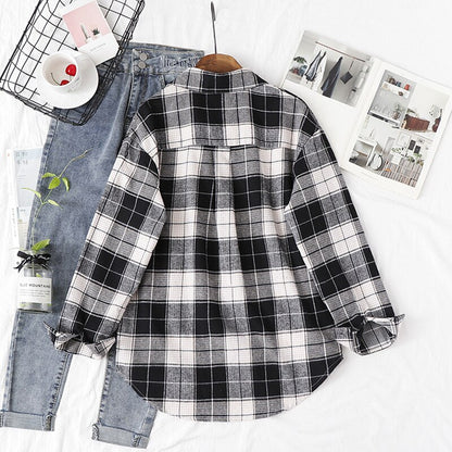 2020 Women's Plaid Shirt Chic Checked Blouse Long Sleeve Female Casual Print Shirts Loose Cotton Tops