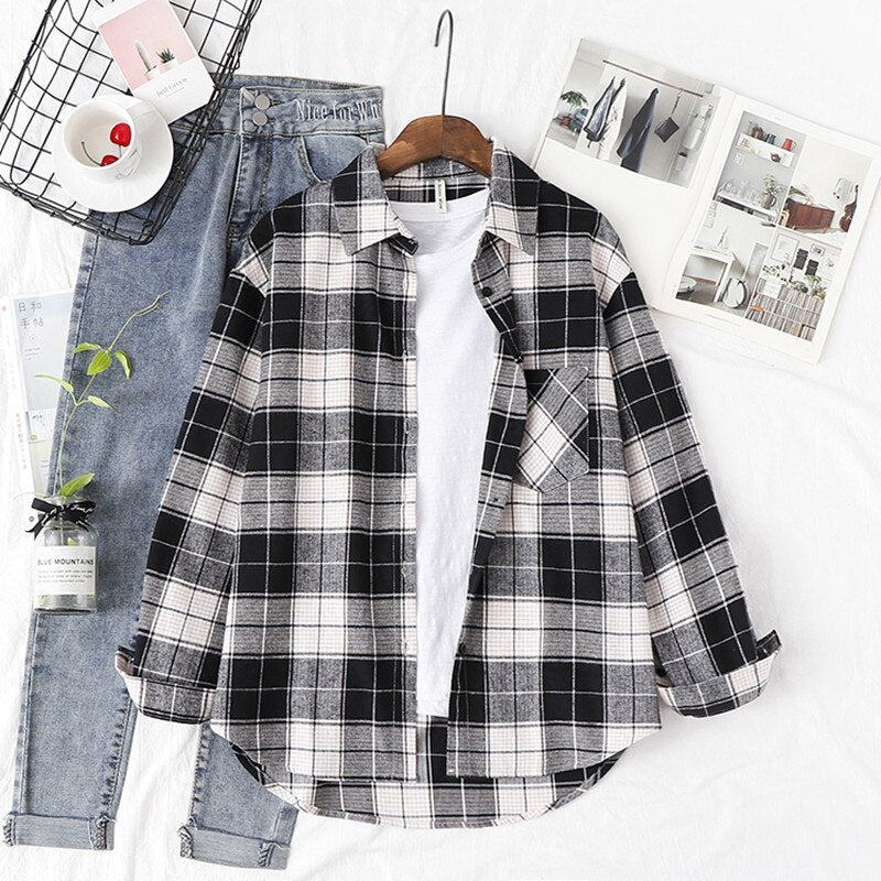 2020 Women's Plaid Shirt Chic Checked Blouse Long Sleeve Female Casual Print Shirts Loose Cotton Tops