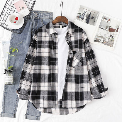 2020 Women's Plaid Shirt Chic Checked Blouse Long Sleeve Female Casual Print Shirts Loose Cotton Tops
