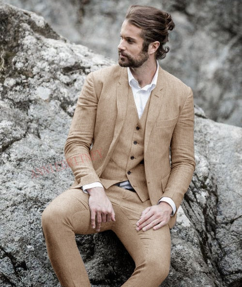 2020 Men's Linen Suits Wedding Dress Jacket, Vest 
 & Pants. Blazer Custom Groom Tuxedo Jacket Pants Set Mens Suits 3 Pieces