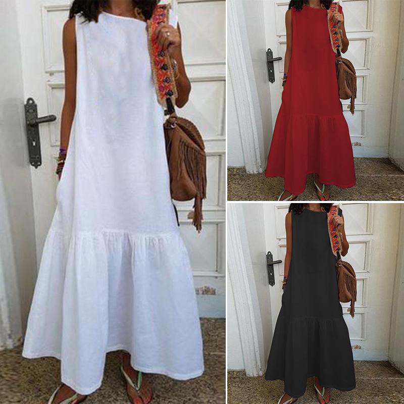 2020 ZANZEA Ruffle Maxi Dress Women's Summer Sundress Kaftan Sleeveless Tunic Vestidos Female Casual O Neck Beach Robe Oversized
