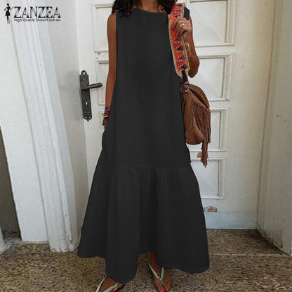 2020 ZANZEA Ruffle Maxi Dress Women's Summer Sundress Kaftan Sleeveless Tunic Vestidos Female Casual O Neck Beach Robe Oversized
