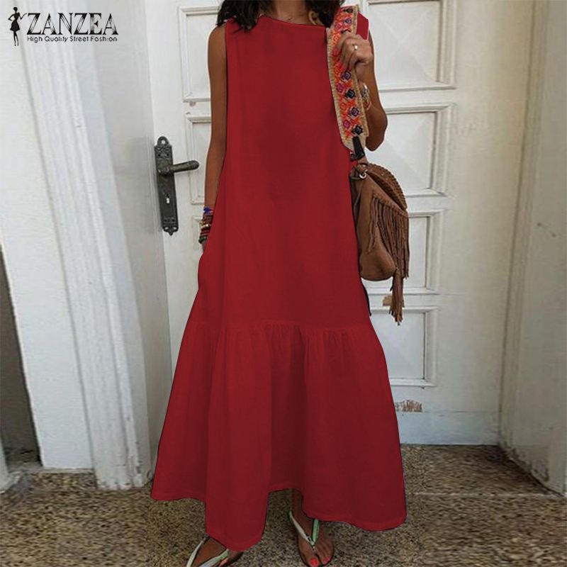 2020 ZANZEA Ruffle Maxi Dress Women's Summer Sundress Kaftan Sleeveless Tunic Vestidos Female Casual O Neck Beach Robe Oversized