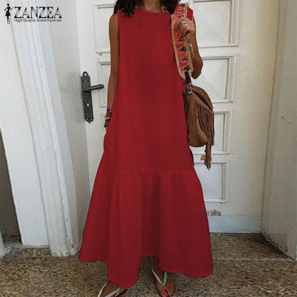 2020 ZANZEA Ruffle Maxi Dress Women's Summer Sundress Kaftan Sleeveless Tunic Vestidos Female Casual O Neck Beach Robe Oversized