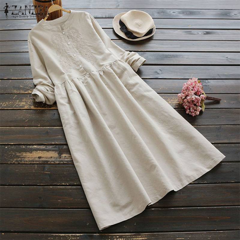 2020 ZANZEA Spring Women Long Shirt Dress Elegant Embroidery Long Sleeve Dresses Vintage Solid Cotton Linen Vestido Robe Femme