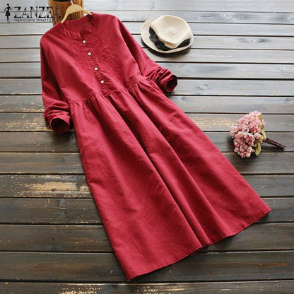 2020 ZANZEA Spring Women Long Shirt Dress Elegant Embroidery Long Sleeve Dresses Vintage Solid Cotton Linen Vestido Robe Femme