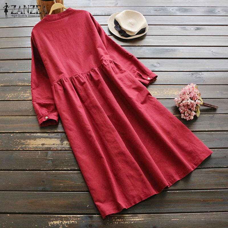 2020 ZANZEA Spring Women Long Shirt Dress Elegant Embroidery Long Sleeve Dresses Vintage Solid Cotton Linen Vestido Robe Femme
