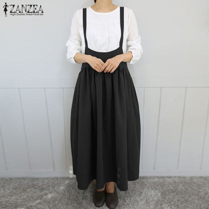 2020 ZANZEA Women Strappy Solid Long Dress Summer Sleeveless Suspenders Casual Pleated Cotton Linen Overalls Dress Sarafans Robe