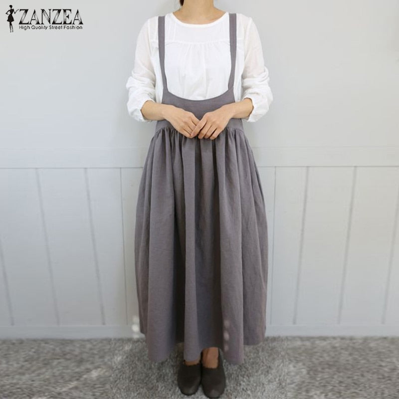 2020 ZANZEA Women Strappy Solid Long Dress Summer Sleeveless Suspenders Casual Pleated Cotton Linen Overalls Dress Sarafans Robe