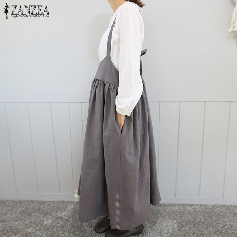 2020 ZANZEA Women Strappy Solid Long Dress Summer Sleeveless Suspenders Casual Pleated Cotton Linen Overalls Dress Sarafans Robe