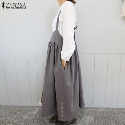 2020 ZANZEA Women Strappy Solid Long Dress Summer Sleeveless Suspenders Casual Pleated Cotton Linen Overalls Dress Sarafans Robe
