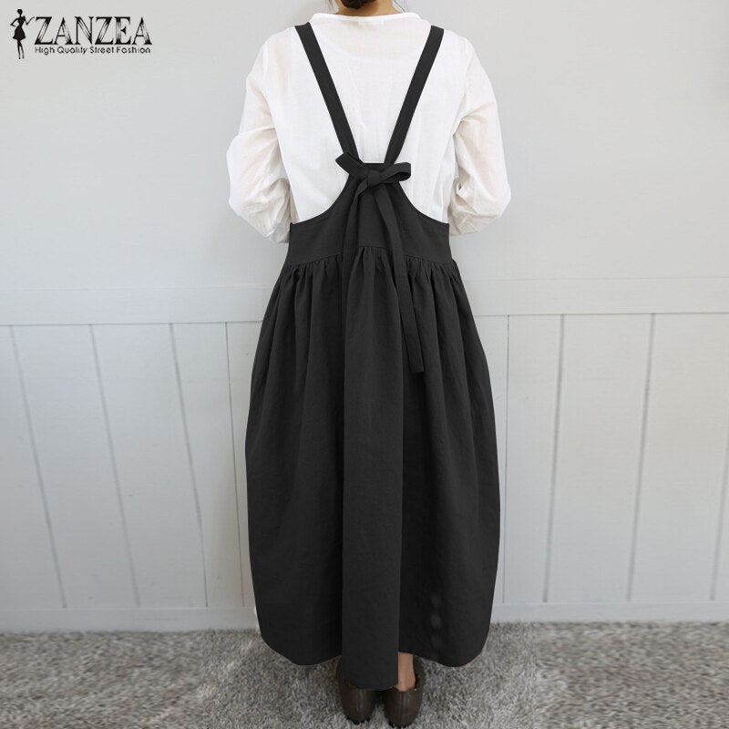 2020 ZANZEA Women Strappy Solid Long Dress Summer Sleeveless Suspenders Casual Pleated Cotton Linen Overalls Dress Sarafans Robe