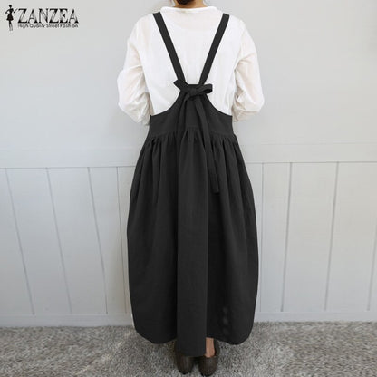2020 ZANZEA Women Strappy Solid Long Dress Summer Sleeveless Suspenders Casual Pleated Cotton Linen Overalls Dress Sarafans Robe