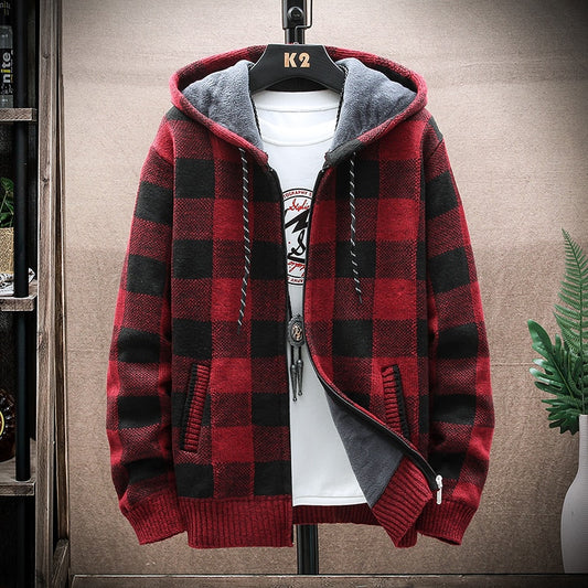 2021 Autumn Korean Hooded Men's Sweater with Thick and Velvet Men's Cardigan Knitted Sweater Coat Grid Jacket Male M-4XL 8668
