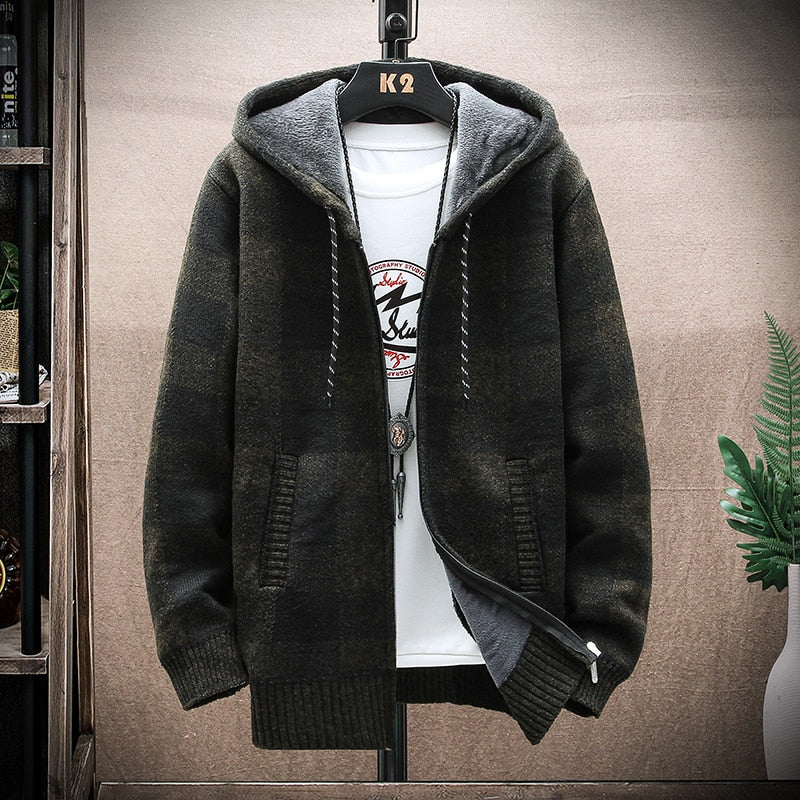 2021 Autumn Korean Hooded Men's Sweater with Thick and Velvet Men's Cardigan Knitted Sweater Coat Grid Jacket Male M-4XL 8668