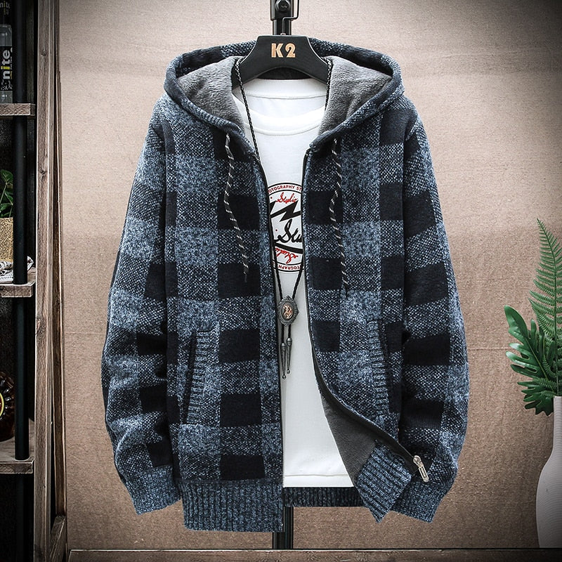 2021 Autumn Korean Hooded Men's Sweater with Thick and Velvet Men's Cardigan Knitted Sweater Coat Grid Jacket Male M-4XL 8668