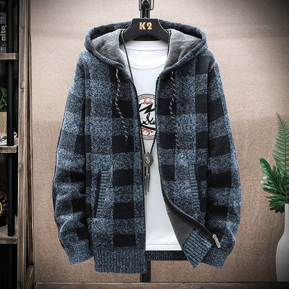 2021 Autumn Korean Hooded Men's Sweater with Thick and Velvet Men's Cardigan Knitted Sweater Coat Grid Jacket Male M-4XL 8668
