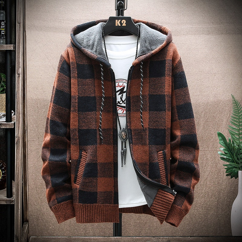 2021 Autumn Korean Hooded Men's Sweater with Thick and Velvet Men's Cardigan Knitted Sweater Coat Grid Jacket Male M-4XL 8668