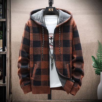 2021 Autumn Korean Hooded Men's Sweater with Thick and Velvet Men's Cardigan Knitted Sweater Coat Grid Jacket Male M-4XL 8668