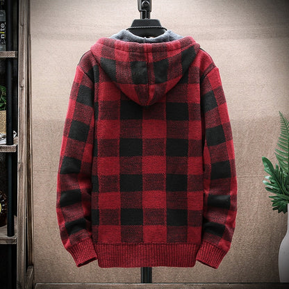 2021 Autumn Korean Hooded Men's Sweater with Thick and Velvet Men's Cardigan Knitted Sweater Coat Grid Jacket Male M-4XL 8668