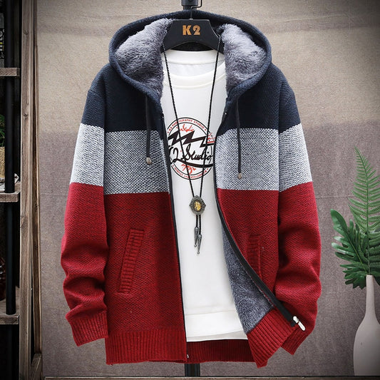 2021 Autumn Korean Hooded Men's Sweaters with Thick and Velvet Men's Cardigan Knitted Sweatercoats Patchwork Jacket Male M-4XL