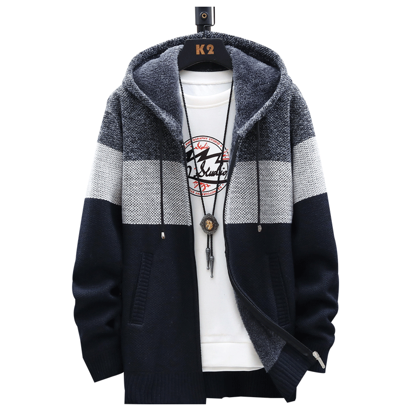 2021 Autumn Korean Hooded Men's Sweaters with Thick and Velvet Men's Cardigan Knitted Sweatercoats Patchwork Jacket Male M-4XL