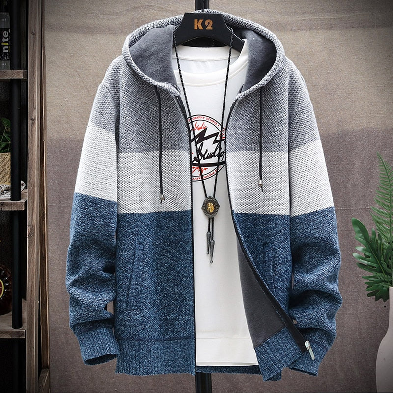 2021 Autumn Korean Hooded Men's Sweaters with Thick and Velvet Men's Cardigan Knitted Sweatercoats Patchwork Jacket Male M-4XL