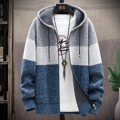 2021 Autumn Korean Hooded Men's Sweaters with Thick and Velvet Men's Cardigan Knitted Sweatercoats Patchwork Jacket Male M-4XL