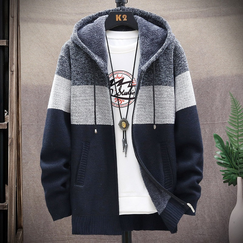 2021 Autumn Korean Hooded Men's Sweaters with Thick and Velvet Men's Cardigan Knitted Sweatercoats Patchwork Jacket Male M-4XL