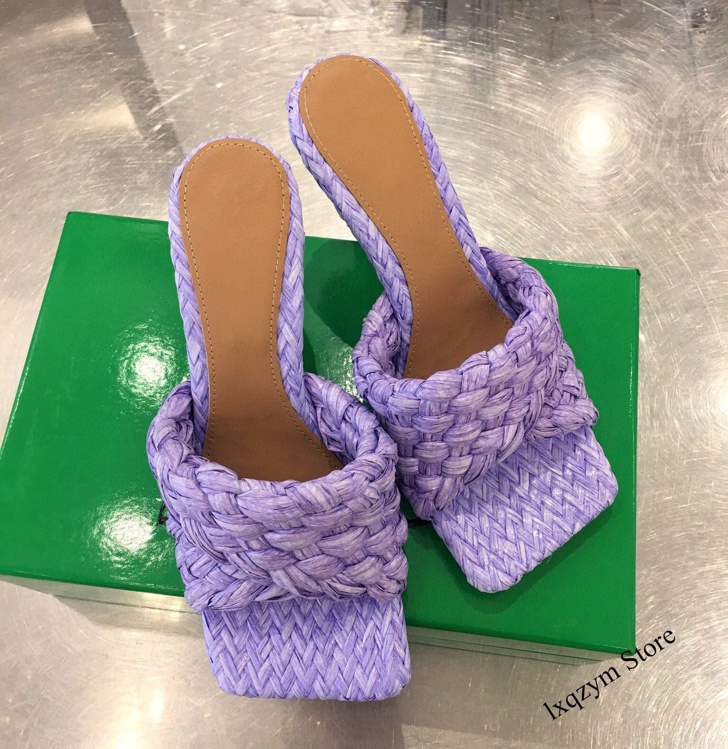 2021 Cross Woven Brand High Heels Mules Slippers Women Braid Designer Slides Summer Party Shoes Ladies Zapatos Mujer