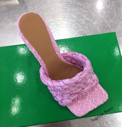 2021 Cross Woven Brand High Heels Mules Slippers Women Braid Designer Slides Summer Party Shoes Ladies Zapatos Mujer