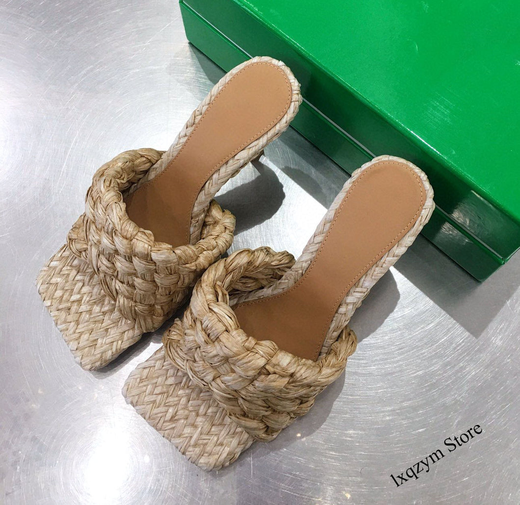 2021 Cross Woven Brand High Heels Mules Slippers Women Braid Designer Slides Summer Party Shoes Ladies Zapatos Mujer