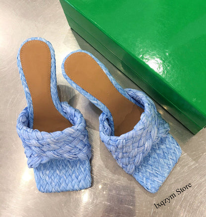2021 Cross Woven Brand High Heels Mules Slippers Women Braid Designer Slides Summer Party Shoes Ladies Zapatos Mujer