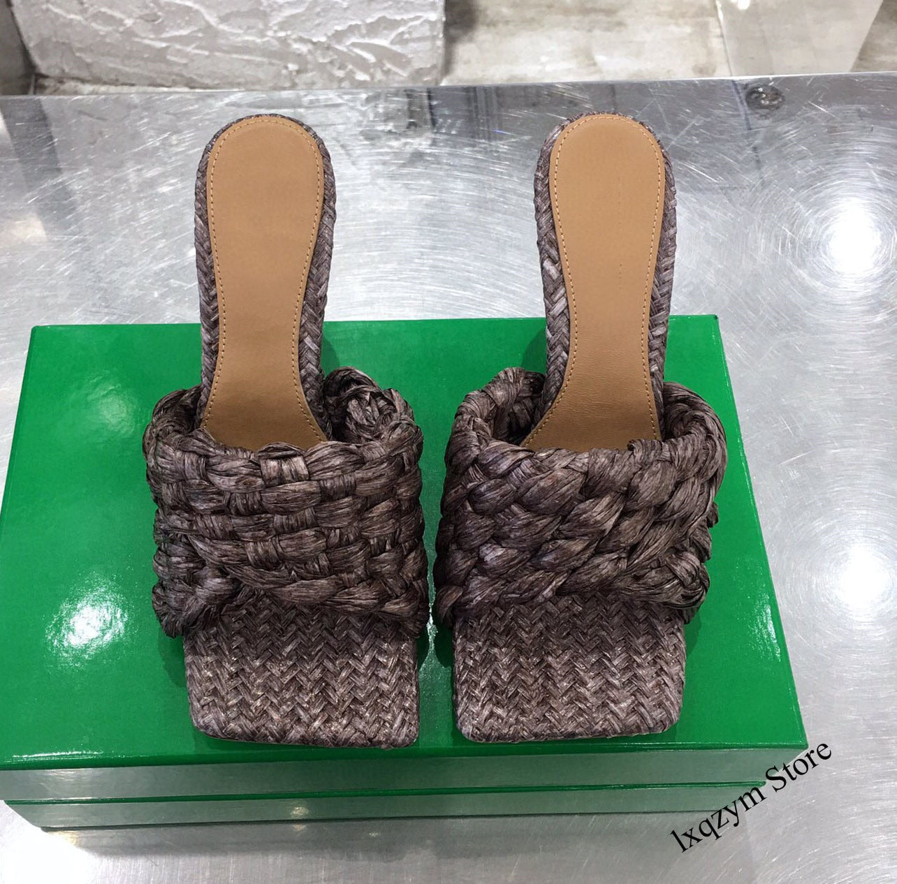 2021 Cross Woven Brand High Heels Mules Slippers Women Braid Designer Slides Summer Party Shoes Ladies Zapatos Mujer