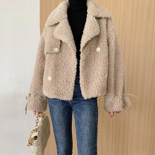 2021 New Fashion Lamb Sheep Sheared Fleece Short Coats Jackets Female Women Soft Wool Fur Warm Jackets Warm Outwear Size S M L