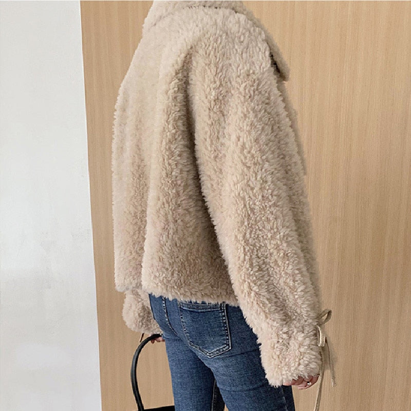 2021 New Fashion Lamb Sheep Sheared Fleece Short Coats Jackets Female Women Soft Wool Fur Warm Jackets Warm Outwear Size S M L