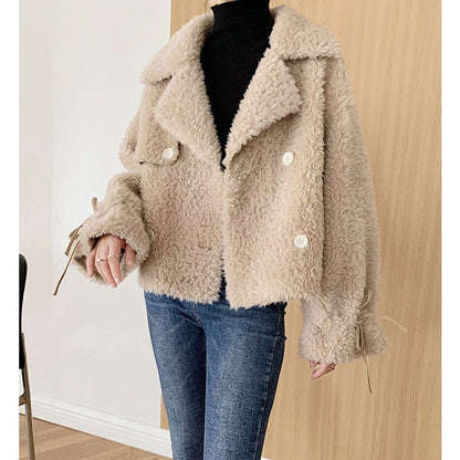 2021 New Fashion Lamb Sheep Sheared Fleece Short Coats Jackets Female Women Soft Wool Fur Warm Jackets Warm Outwear Size S M L