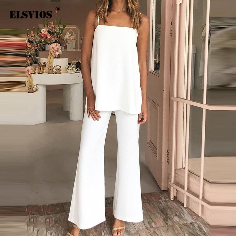 2021 New Fashion Women's Sexy Solid Simple Suit Summer Sling Top Flared Pants Two Pieces Set Office Lady Casual Uniform Outfits