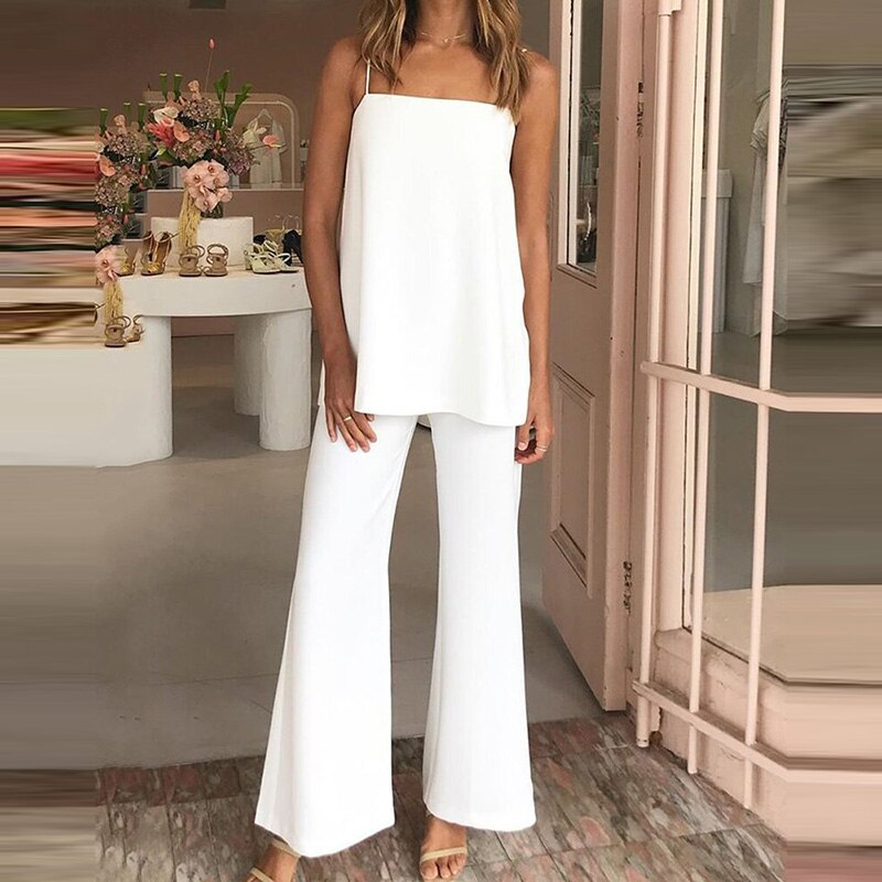 2021 New Fashion Women's Sexy Solid Simple Suit Summer Sling Top Flared Pants Two Pieces Set Office Lady Casual Uniform Outfits