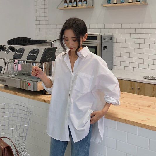 2021 Oversize White Shirt Women Spring Autumn New BF Korean Fashion Vintage Design Loose Long-Sleeve Plain Blouse Top Female