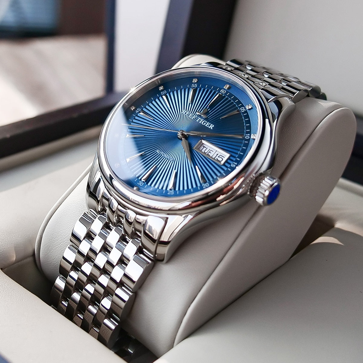 2021 Reef Tiger/RT Luxury Dress Watch for Men Stainless Steel Bracelet Blue Dial Automatic Wrist Watches RGA8232