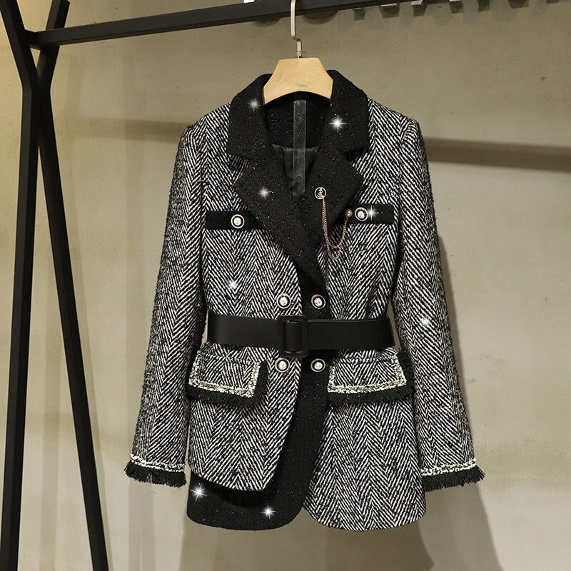 2021 Spring New Women Luxury Patchwork Double Breasted Jacket Coat Ladies Casual Outerwear With Belts