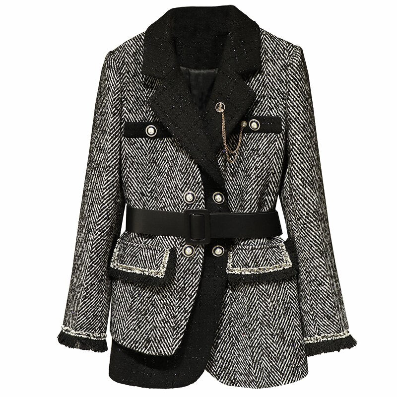 2021 Spring New Women Luxury Patchwork Double Breasted Jacket Coat Ladies Casual Outerwear With Belts