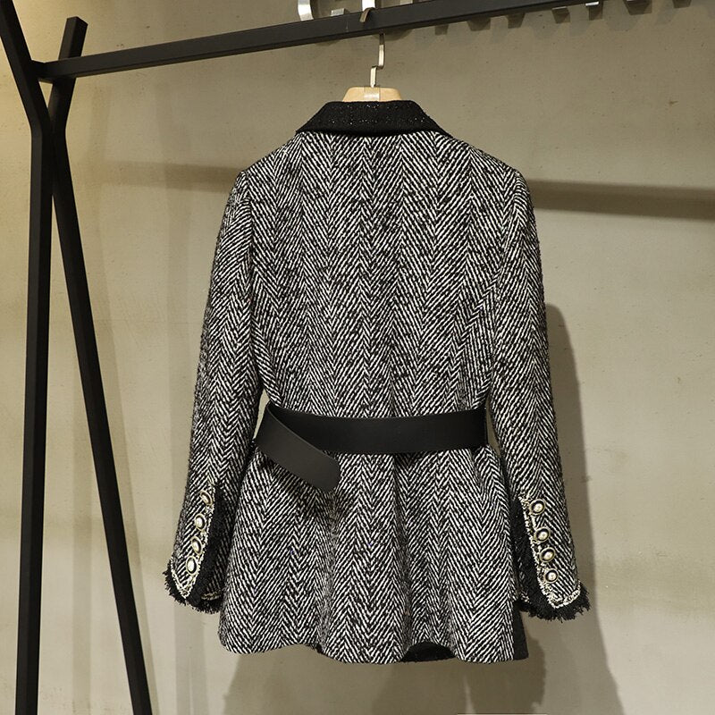 2021 Spring New Women Luxury Patchwork Double Breasted Jacket Coat Ladies Casual Outerwear With Belts