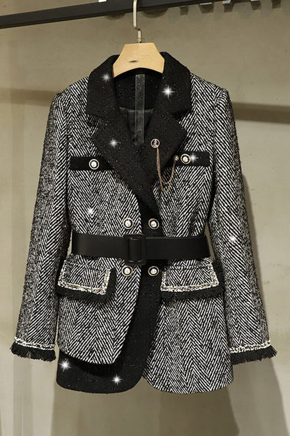 2021 Spring New Women Luxury Patchwork Double Breasted Jacket Coat Ladies Casual Outerwear With Belts