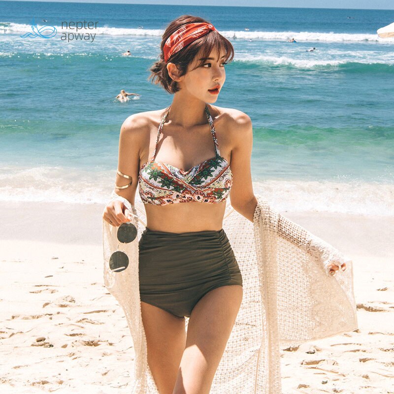 2021 Swimsuit Female National Style Steel Support Gathered Sexy Bikini Net, Red Split Body, High Waist Covered Belly Hot Spring