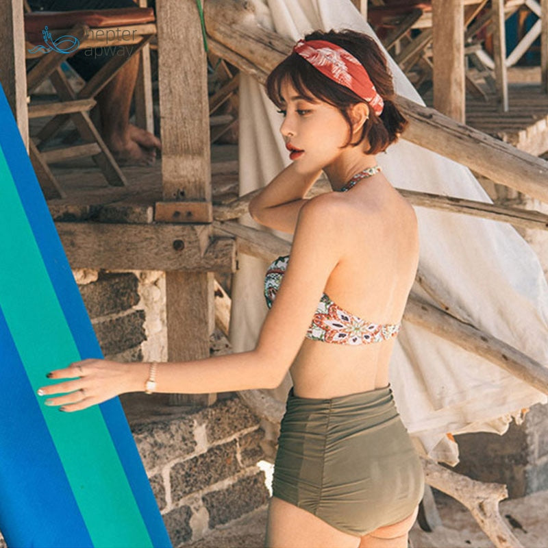 2021 Swimsuit Female National Style Steel Support Gathered Sexy Bikini Net, Red Split Body, High Waist Covered Belly Hot Spring