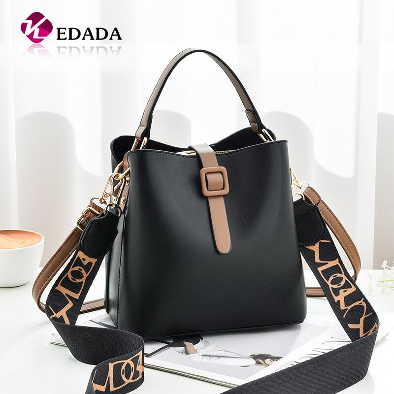 2021 Wide Straps Female PU Leather White Bucket Handbag Famous Brand Designer Lady's Shoulder Crossbody Bags Women's Handbags