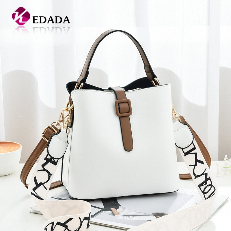 2021 Wide Straps Female PU Leather White Bucket Handbag Famous Brand Designer Lady's Shoulder Crossbody Bags Women's Handbags